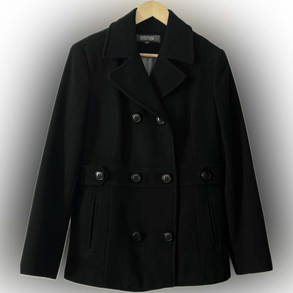 Kenneth Cole Reaction Black Wool Blend Peacoat Double Breasted Size 12
